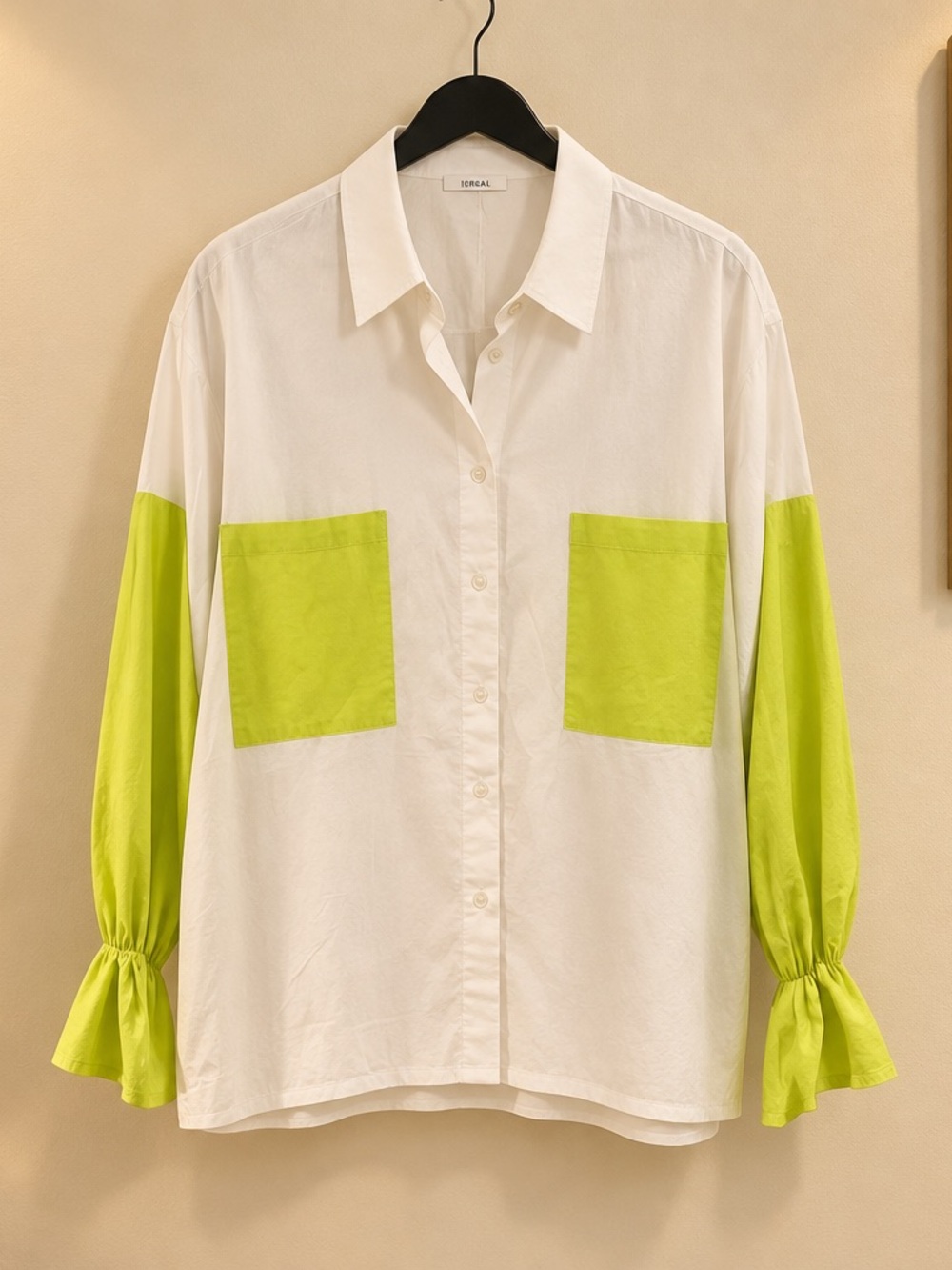 Terra White Button-Down Shirt with Lime Green Pockets & Sleeves